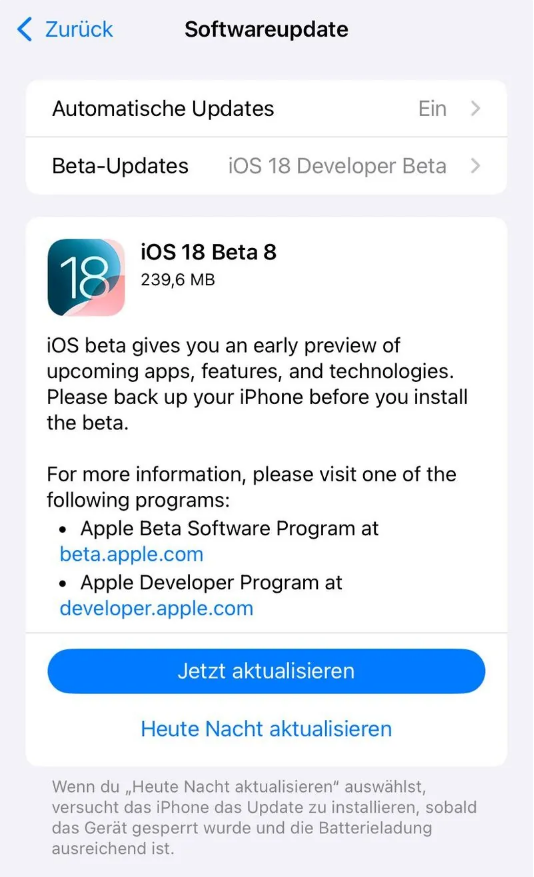 青铜峡苹果手机维修分享苹果 iOS / iPadOS 18 开发者预览版 Beta 8 发布 